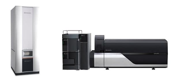 左：用于测量血液中淀粉样肽的淀粉样蛋白 MS CL 系统，右：用于 MCI Screening Test Plus 的 LCMS-8060NX 超快速液相色谱质谱仪